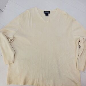 Lands End Womens XL Silk Blend Ribbed V-Neck Sweater Cream Long Sleeve Pullover